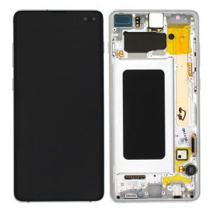 Samsung Galaxy S10 Plus G975F – LCD Kijelző + Érintőüveg + Keret (Prism White) – GH82-18849B, GH82-18834B