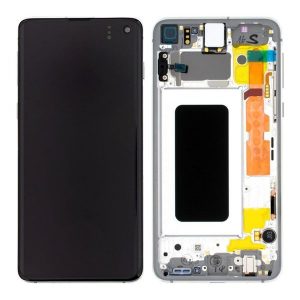 Samsung Galaxy S10e G970F – LCD Kijelző + Érintőüveg + Keret (Prism White) – GH82-18852B, GH82-18836B